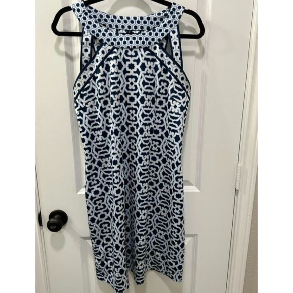 Gretchen Scott Isosceles Jersey Dress Women's L Navy Geometric Halter Cutout